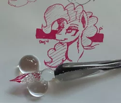 Size: 1280x1095 | Tagged: safe, artist:post-it, derpibooru import, pinkie pie, earth pony, pony, bust, female, ink drawing, inktober, lidded eyes, mare, monochrome, pen, simple background, sketch, smiling, solo, traditional art, white background