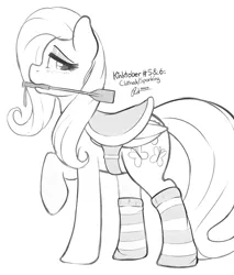 Size: 2550x2994 | Tagged: suggestive, artist:ratofdrawn, derpibooru import, fluttershy, pegasus, pony, always the quiet ones, blushing, clothes, female, grayscale, kinktober, kinktober2018, mare, monochrome, mouth hold, riding crop, saddle, socks, solo, solo female, striped socks, tack