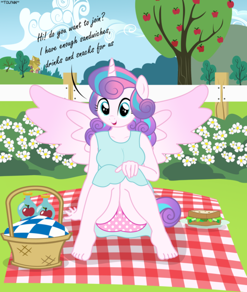 Size: 3825x4521 | Tagged: suggestive, artist:tolpain, derpibooru import, princess flurry heart, anthro, plantigrade anthro, absurd resolution, apple, apple tree, barefoot, basket, blanket, breasts, busty flurry heart, clothes, dress, feet, female, fence, flower, food, looking at you, older, older flurry heart, outdoors, panties, panty shot, picnic, picnic basket, picnic blanket, pink underwear, polka dot underwear, sandwich, solo, solo female, sundress, talking to viewer, tree, underwear