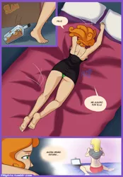 Size: 488x700 | Tagged: alcohol, artist:7nights, bed, bottle, breasts, carrot top, clothes, comic, comic:date night, derpibooru import, derpy hooves, derpytop, female, freckles, golden harvest, green underwear, human, humanized, lesbian, lingerie, panties, rearboob, shipping, shoulder freckles, spanish, suggestive, underwear