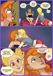 Size: 488x700 | Tagged: adorasexy, artist:7nights, bed, blushing, breasts, carrot top, clothes, comic, comic:date night, cute, derpibooru import, derpy hooves, derpytop, female, freckles, golden harvest, human, humanized, kissing, lesbian, lingerie, sexy, shipping, shoulder freckles, spanish, suggestive