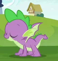 Size: 516x547 | Tagged: cropped, derpibooru import, dragon, eyes closed, father knows beast, male, quadrupedal spike, safe, screencap, solo, spike, tail, winged spike, wings