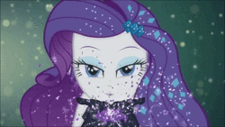 Size: 1280x720 | Tagged: safe, derpibooru import, edit, edited screencap, screencap, rarity, equestria girls, equestria girls series, the other side, animated, bare shoulders, beautiful, bedroom eyes, blowing, dust, fabulous, female, gem, lidded eyes, music, music video, solo, sound, sparkles, webm