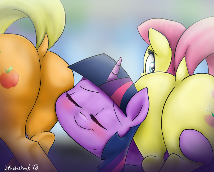 Size: 1340x1078 | Tagged: suggestive, artist:strebiskunk, derpibooru import, applejack, fluttershy, twilight sparkle, earth pony, pegasus, pony, blushing, butt, dock, explicit source, eyes closed, female, lesbian, looking back, mare, plot, shipping, signature, twijack, twishy