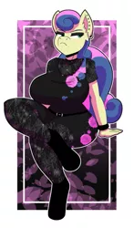 Size: 751x1280 | Tagged: safe, artist:ansil, derpibooru import, bon bon, sweetie drops, anthro, earth pony, unguligrade anthro, abstract background, big breasts, bon bon is not amused, breasts, busty bon bon, clothes, commission, crossed legs, dress, ear piercing, earring, female, frown, goth, huge breasts, jewelry, leggings, mane, mare, multicolored hair, multicolored mane, multicolored tail, piercing, sitting, solo, stupid sexy bon bon, tail, unamused