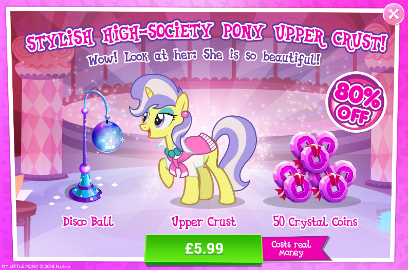 Size: 794x527 | Tagged: safe, derpibooru import, official, upper crust, pony, unicorn, advertisement, clothes, coin, costs real money, disco ball, female, gameloft, mare, sale, solo