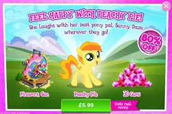 Size: 793x525 | Tagged: safe, derpibooru import, official, peachy pie, earth pony, pony, advertisement, background pony, costs real money, female, filly, firework sun, foal, gameloft, gem, sale, solo