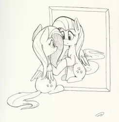 Size: 2248x2296 | Tagged: safe, artist:taurson, derpibooru import, fluttershy, pegasus, pony, duality, female, inktober, inktober 2018, mare, mirror, monochrome, reflection, sketch, solo