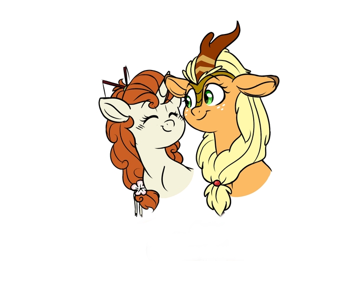 Size: 3325x2776 | Tagged: safe, artist:chub-wub, derpibooru import, edit, applejack, autumn blaze, ponified, earth pony, kirin, pony, unicorn, sounds of silence, spoiler:s08, accessory swap, applejack's hat, applekirin, autumnjack, awwtumn blaze, cowboy hat, cute, duo, female, hat, hatless, jackabetes, kirinified, lesbian, mare, missing accessory, quadrupedal, role reversal, shipping, simple background, species swap, white background