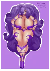 Size: 2480x3507 | Tagged: artist:annon, ballet heels, big breasts, big hair, bimbo, bimbo 2.0, bimbo rarity, blue eyeshadow, breasts, busty rarity, cleavage, clothes, derpibooru import, eyeshadow, female, hair over one eye, high heels, huge breasts, human, humanized, impossibly large breasts, lipstick, long nails, makeup, purple background, rarity, shoes, simple background, skimpy outfit, solo, solo female, suggestive, thighs, white lipstick, wide hips