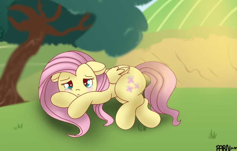 Size: 1271x810 | Tagged: safe, artist:parn, derpibooru import, fluttershy, blushing, floppy ears, heart eyes, sad, solo, tree, wingding eyes