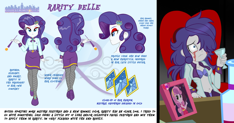 Size: 2666x1408 | Tagged: safe, artist:succubi samus, derpibooru import, rarity, sweetie belle, equestria girls, belly button, bra, chair, cigarette, cigarette holder, clothes, crying, desk, drinking, equestrian city, frame, glass, griefing, hair over one eye, hairpin, image, makeup, older, open clothes, open shirt, panties, png, purple underwear, reference sheet, regal, running makeup, sad, show accurate, smoking, solo, underwear, unzipped, wine glass