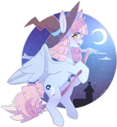 Size: 1789x1943 | Tagged: safe, artist:emily-826, derpibooru import, oc, oc:hoechst mirage, unofficial characters only, pegasus, pony, broom, female, flying, flying broomstick, hat, mare, moon, simple background, solo, transparent background, witch hat