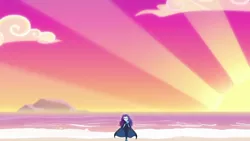 Size: 1280x720 | Tagged: safe, derpibooru import, screencap, rarity, equestria girls, equestria girls series, the other side, beach, island, ocean, perspective, solo, sunset