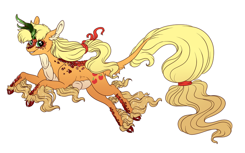 Size: 3000x1884 | Tagged: safe, artist:marbola, derpibooru import, applejack, kirin, sounds of silence, applekirin, cheek fluff, cloven hooves, cutie mark, ear fluff, female, freckles, hair tie, horn, kirinified, leonine tail, long tail, looking at you, mare, ponytail, realistic horse legs, scales, simple background, smiling, solo, species swap, unshorn fetlocks, white background