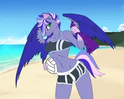 Size: 1024x819 | Tagged: anthro, anthro oc, bandana, beach, beach volleyball, clothes, derpibooru import, female, green eyes, mare, oc, oc:rainy night, pegasus, purple hair, safe, sand, shorts, sky, sports, sports bra, tree, unofficial characters only, volleyball, water