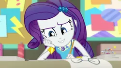 Size: 1280x720 | Tagged: safe, derpibooru import, screencap, rarity, equestria girls, equestria girls series, the other side, cute, female, geode of shielding, magical geodes, pencil, pincushion, raribetes, solo