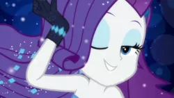 Size: 1280x720 | Tagged: safe, derpibooru import, screencap, rarity, equestria girls, equestria girls series, the other side, bare shoulders, close-up, one eye closed, solo, wink