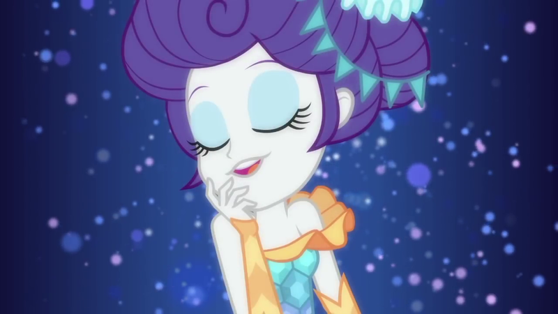 Size: 1280x720 | Tagged: safe, derpibooru import, screencap, rarity, equestria girls, equestria girls series, the other side, bare shoulders, carousel dress, eyes closed, pose, solo