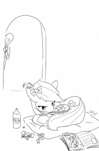 Size: 528x800 | Tagged: safe, artist:grim ponka, derpibooru import, rainbow dash, oc, oc:anon, human, pegasus, pony, bow, brushing, brushing tail, door, duo, girly, image, jpeg, magazine, monochrome, mouth hold, sketch