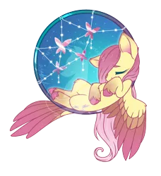 Size: 750x822 | Tagged: safe, artist:fuyusfox, derpibooru import, fluttershy, alicorn, butterfly, pegasus, pony, cute, dreamcatcher, female, mare, night, shyabetes, simple background, sleeping, solo, stars, tail feathers, transparent background, unshorn fetlocks, watermark