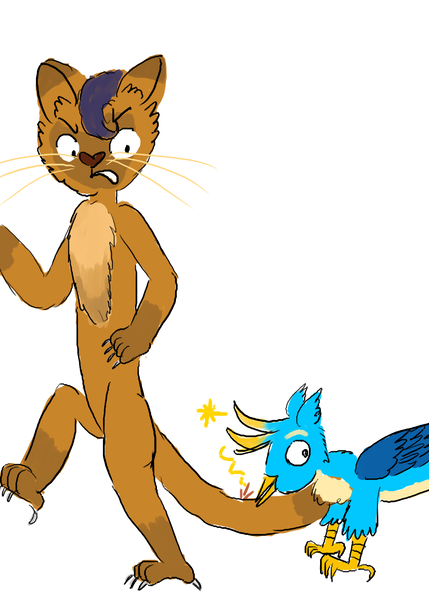 Size: 1000x1400 | Tagged: safe, artist:horsesplease, derpibooru import, capper dapperpaws, gallus, abyssinian, anthro, cat, gryphon, my little pony: the movie, annoyed, behaving like a chicken, derp, gallus the rooster, male, ouch, paint tool sai, pecking, simple background, upset, white background