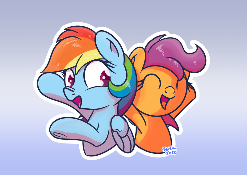 Size: 1810x1280 | Tagged: safe, artist:vaetan, derpibooru import, rainbow dash, scootaloo, pegasus, pony, abstract background, bust, cute, cutealoo, duo, eyes closed, female, looking back, open mouth, scootalove, siblings, simple background, sisters, smiling