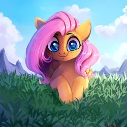 Size: 3200x3200 | Tagged: safe, artist:miokomata, derpibooru import, fluttershy, pegasus, pony, cute, cute little fangs, fangs, female, folded wings, freckles, freckleshy, grass, looking at you, mare, prone, shyabetes, smiling, solo, wings, wolf teeth, wrong eye color