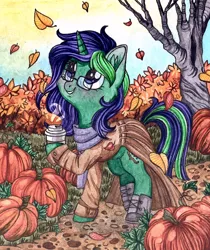 Size: 960x1143 | Tagged: safe, artist:red-watercolor, derpibooru import, oc, oc:buggy code, unofficial characters only, pony, unicorn, autumn, clothes, coffee, commission, dress, falling leaves, female, glasses, hoof hold, hot drink, leaves, looking at something, looking up, mare, pumpkin, scarf, smiling, solo, traditional art, tree, ych result