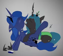 Size: 2577x2297 | Tagged: safe, artist:groomlake, derpibooru import, princess luna, queen chrysalis, changeling, changeling queen, bite mark, biting, blushing, chrysaluna, colored, cork, crown, drool, drool string, female, jewelry, lesbian, licking, love, regalia, shipping, simple background, tongue out