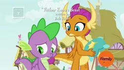 Size: 1920x1080 | Tagged: derpibooru import, discovery family logo, dragon, dragoness, duo, father knows beast, female, house, josh haber, male, opening credits, ponyville, safe, screencap, smolder, spike, throw pillow, tv rating, tv-y, winged spike