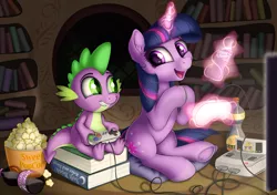 Size: 2377x1670 | Tagged: safe, artist:awalex, derpibooru import, spike, twilight sparkle, dragon, pony, unicorn, book, bookshelf, bowsette, controller, duo, female, food, glowing horn, golden oaks library, horn, levitation, looking at each other, magic, male, mare, popcorn, soda, soda bottle, super famicom, super nintendo, telekinesis, unicorn twilight, video game