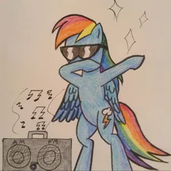 Size: 1195x1199 | Tagged: safe, artist:oceanstreak92, artist:travelingfanartist25, derpibooru import, rainbow dash, pegasus, pony, boombox, dab, female, mare, music notes, rainbow dab, solo, sunglasses, traditional art