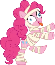Size: 3000x3543 | Tagged: safe, artist:cloudyglow, artist:yanoda, derpibooru import, pinkie pie, earth pony, pony, .ai available, clothes, costume, cute, female, halloween, halloween costume, holiday, mare, mummy, mummy costume, open mouth, simple background, solo, tongue out, transparent background, vector