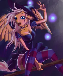 Size: 1300x1560 | Tagged: anthro, anthro oc, artist:derpifecalus, breasts, broom, clothes, commission, derpibooru import, female, flying, flying broomstick, hat, kneesocks, oc, oc:perfect pour, peace sign, pegasus, socks, solo, solo female, striped socks, suggestive, tail, unofficial characters only, wings, witch, witch hat, ych result