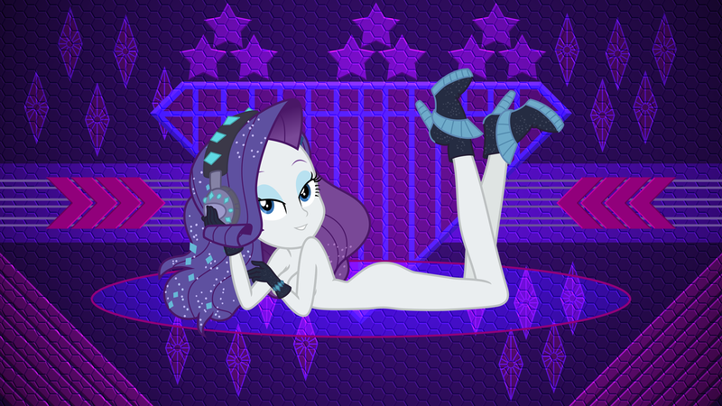 Size: 3840x2160 | Tagged: questionable, artist:laszlvfx, artist:phucknuckl, derpibooru import, edit, rarity, equestria girls, equestria girls series, the other side, artistic nudity, bedroom eyes, breasts, clothes, female, gloves, headphones, high heels, image, lidded eyes, looking at you, png, shoes, shoes only, solo, solo female, tasteful nudity, wallpaper, wallpaper edit, wallpaper for the fearless