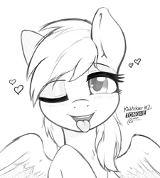 Size: 2550x2838 | Tagged: suggestive, artist:ratofdrawn, derpibooru import, edit, rainbow dash, pegasus, pony, blushing, drool, female, floating heart, grayscale, heart, inktober, kinktober, kinktober2018, looking at you, mare, monochrome, one eye closed, open mouth, solo, tongue out, wink