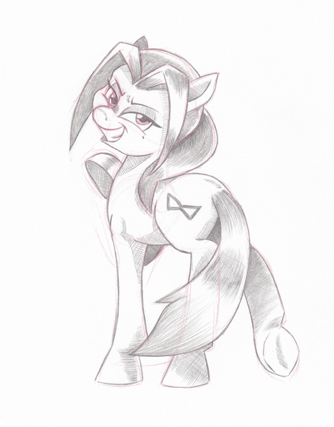 Size: 971x1243 | Tagged: safe, artist:saturdaymorningproj, derpibooru import, oc, unnamed oc, unofficial characters only, earth pony, pony, female, grayscale, looking back, looking over shoulder, mare, monochrome, pencil drawing, simple background, smiling, smirk, solo, traditional art, white background