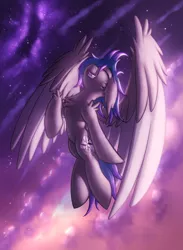 Size: 1320x1800 | Tagged: safe, artist:shad0w-galaxy, derpibooru import, oc, oc:laconic nocturne, unofficial characters only, pegasus, pony, cloud, cute, flying, galaxy, happy, large wings, male, sky, smiling, solo, stallion, wings