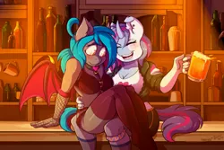 Size: 1500x1000 | Tagged: suggestive, artist:hakkids2, artist:kinky_spy, derpibooru import, oc, oc:aqua jewel, oc:dusk desire, unofficial characters only, anthro, bat pony, anthro oc, bar, bat pony oc, bat wings, blushing, boots, bottle, breasts, cleavage, clothes, collar, colored pupils, commission, cup, drink, ear piercing, eyes closed, female, fishnet clothing, gloves, jacket, leash, lesbian, long gloves, midriff, mug, open mouth, pants, piercing, shirt, shoes, sitting, sitting on lap, socks, thigh highs, wings, ych result