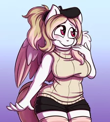 Size: 900x1000 | Tagged: anthro, anthro oc, artist:kinky_spy, blushing, clothes, commission, derpibooru import, female, oc, oc:lumiere du ciel, pegasus, safe, shorts, smiling, socks, solo, thigh highs, unofficial characters only, ych result