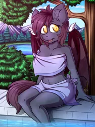 Size: 1200x1600 | Tagged: safe, artist:kinky_spy, derpibooru import, oc, oc:ventress, unofficial characters only, anthro, bat pony, anthro oc, bat pony oc, bat wings, breasts, cleavage, clothes, cloud, colored pupils, commission, female, looking away, mare, midriff, mountain, open mouth, sitting, sky, solo, swimming pool, towel, tree, water, wings, ych result