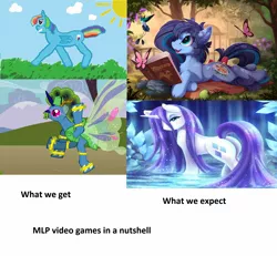 Size: 1876x1736 | Tagged: safe, derpibooru import, rainbow dash, rarity, oc, pony, pony creator, butt, expectation vs reality, fangame, games, plot, video game, wings