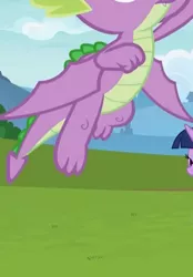 Size: 438x630 | Tagged: alicorn, claws, cropped, derpibooru import, dragon, father knows beast, flying, legs, male, offscreen character, pictures of legs, safe, screencap, spike, toes, twilight sparkle, twilight sparkle (alicorn), winged spike, wings