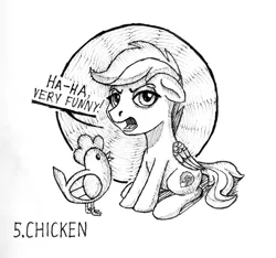 Size: 1200x1121 | Tagged: safe, artist:sa1ntmax, derpibooru import, scootaloo, bird, chicken, pegasus, pony, abuse, female, filly, hen, inktober, inktober 2018, lineart, scootabuse, scootachicken, scootaloo is not a chicken, scootaloo is not amused, simple background, solo, traditional art, unamused