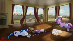 Size: 2560x1440 | Tagged: safe, artist:greenbrothersart, derpibooru import, princess cadance, shining armor, twilight sparkle, alicorn, pony, unicorn, book, coffee table, couch, cute, female, figurine, filly, filly twilight sparkle, fireplace, male, mare, sleeping, stallion, teen princess cadance, unicorn twilight, window, younger