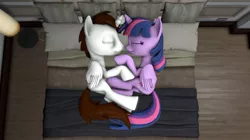 Size: 938x525 | Tagged: safe, artist:neoar2000, derpibooru import, twilight sparkle, twilight sparkle (alicorn), oc, oc:neo star, alicorn, 3d, alicorn oc, bed, canon x oc, cuddling, cute, daaaaaaaaaaaw, horn, ocbetes, sleeping, source filmmaker, starkle, twiabetes, wings