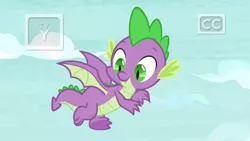 Size: 1920x1080 | Tagged: safe, derpibooru import, screencap, spike, dragon, father knows beast, claws, closed captioning, flying, male, smiling, tail, tv rating, tv-y, winged spike, wings