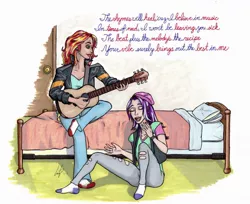 Size: 1280x1046 | Tagged: safe, artist:manly man, derpibooru import, starlight glimmer, sunset shimmer, human, equestria girls, beanie, bed, bedroom, clothes, female, guitar, hat, human coloration, ink, jacket, leather jacket, lesbian, lyrics, markers, musical instrument, rapping, shimmerglimmer, shipping, socks, text, traditional art, vest