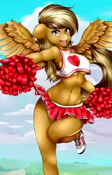 Size: 1574x2440 | Tagged: suggestive, artist:horny-pony, derpibooru import, oc, oc:joycie, unofficial characters only, anthro, pegasus, :p, anthro oc, armpits, belly button, breasts, cheerleader, cheerleader outfit, clothes, commission, digital art, female, looking at you, mare, midriff, open mouth, shoes, shorts, silly, sneakers, solo, solo female, sports bra, spread wings, tongue out, underboob, wings, ych result